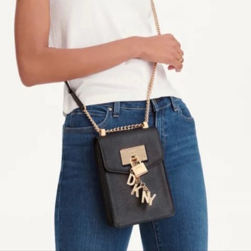 Chain Bag DKNY Black Metal Charm Gold Crossbody Phone Purse